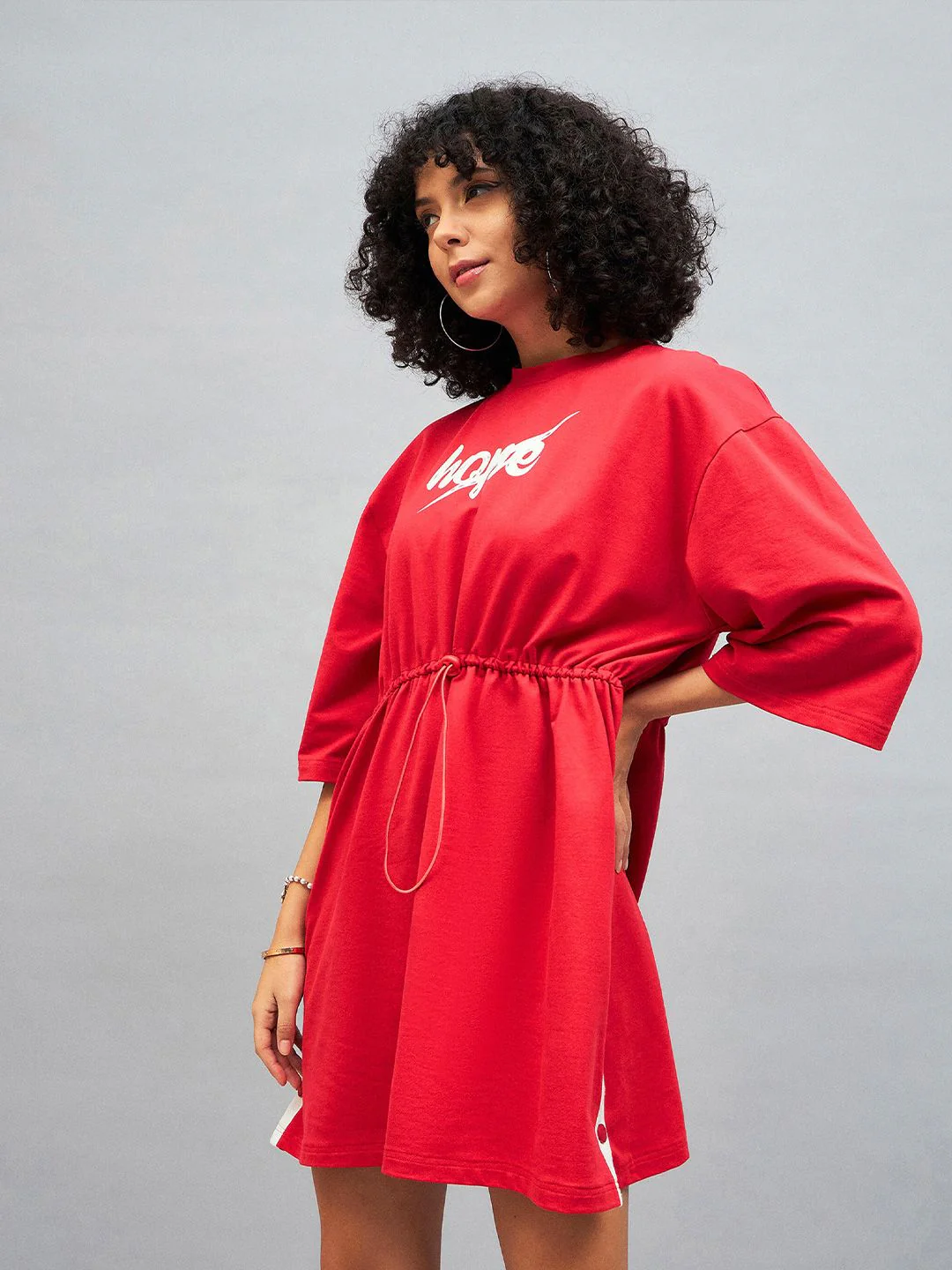 SASSAFRAS Red Knitted Hope Typography Printed Cotton T-shirt Mini Dress - Image 3