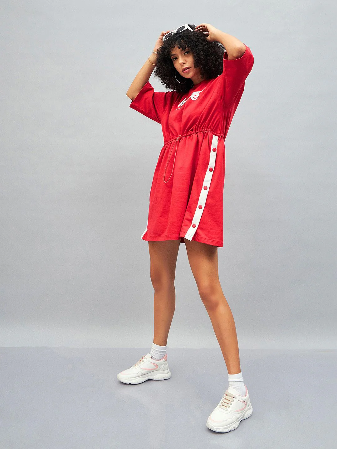 SASSAFRAS Red Knitted Hope Typography Printed Cotton T-shirt Mini Dress - Image 4