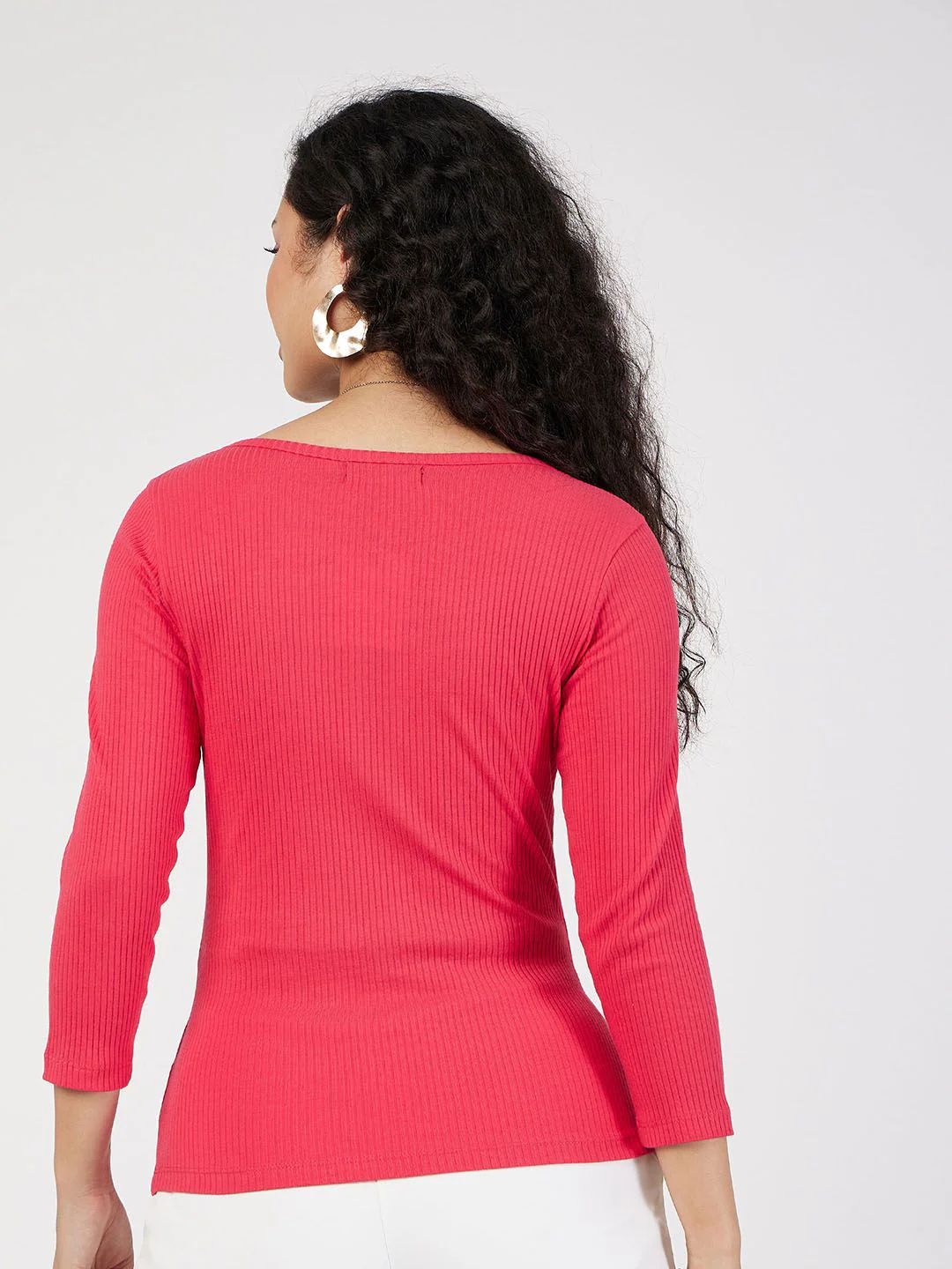 SASSAFRAS Red Ribbed Square Neck Fitted Top - Image 3