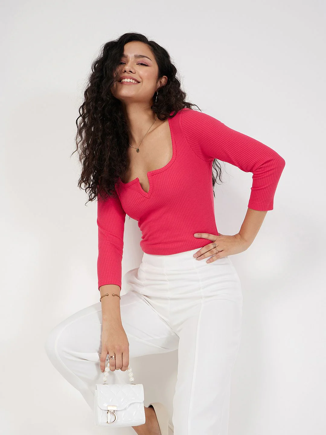SASSAFRAS Red Ribbed Square Neck Fitted Top - Image 4