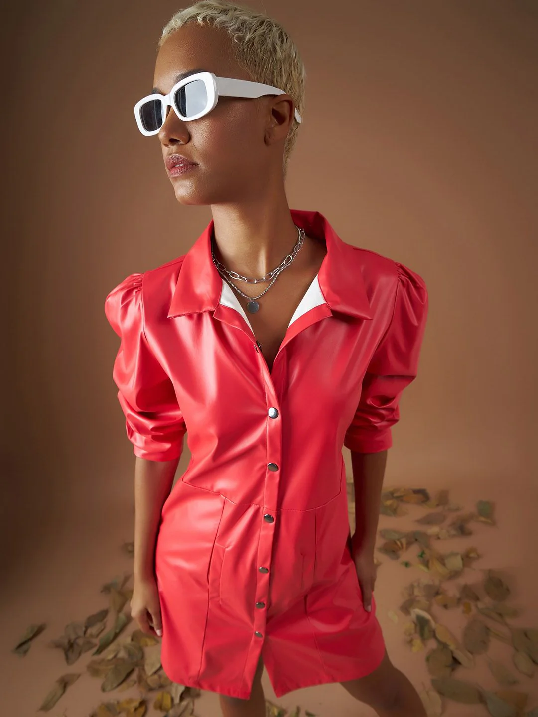 SASSAFRAS Red Shirt Collar Puff Sleeves Shirt Dress - Image 4