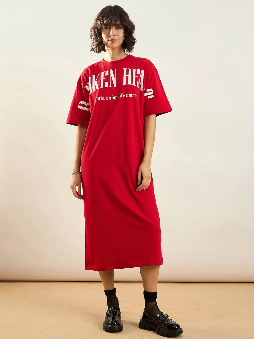 SASSAFRAS Red Typographic Printed Pure Cotton Oversized T-shirt Dress - Image 2