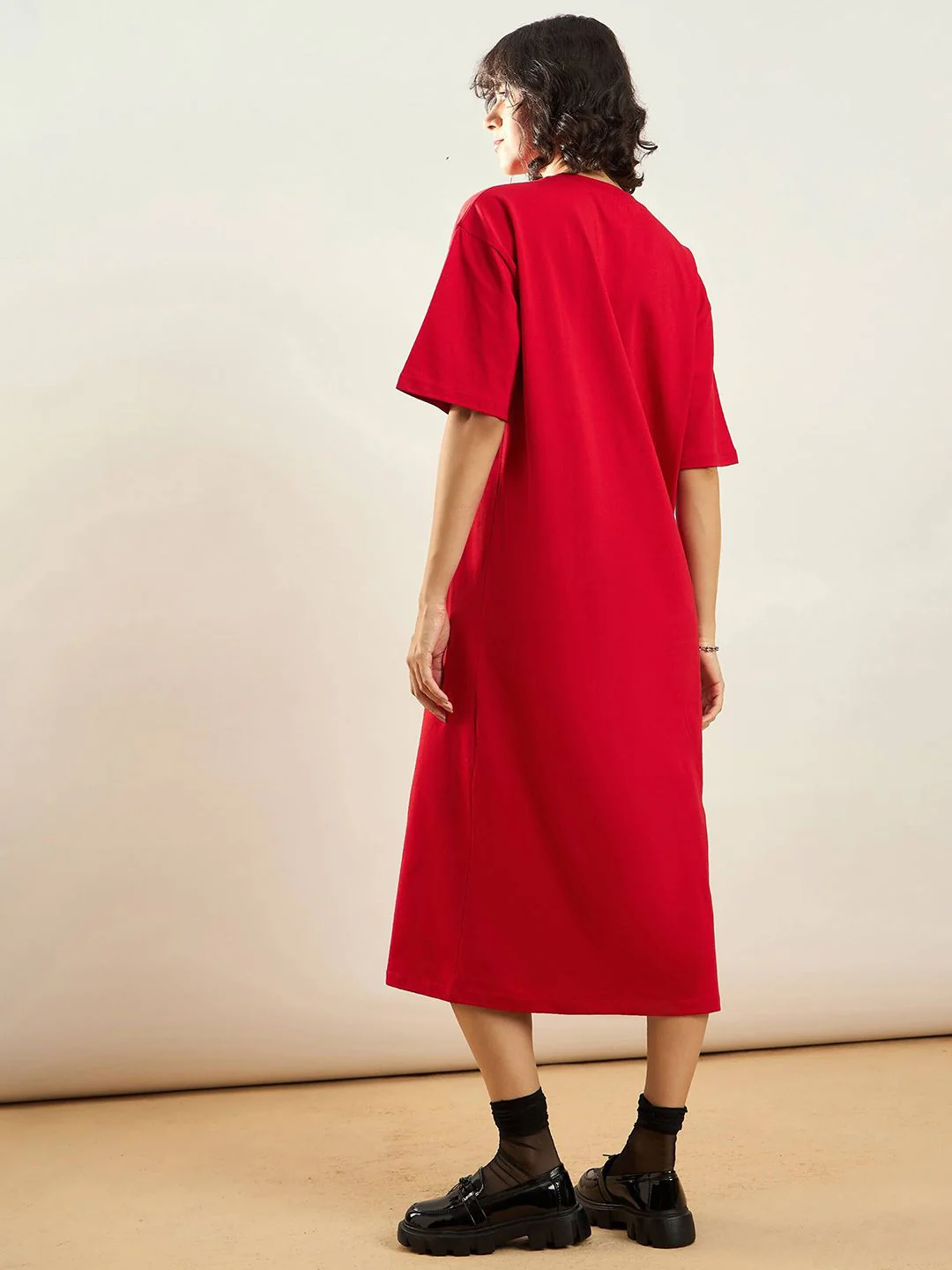 SASSAFRAS Red Typographic Printed Pure Cotton Oversized T-shirt Dress - Image 4
