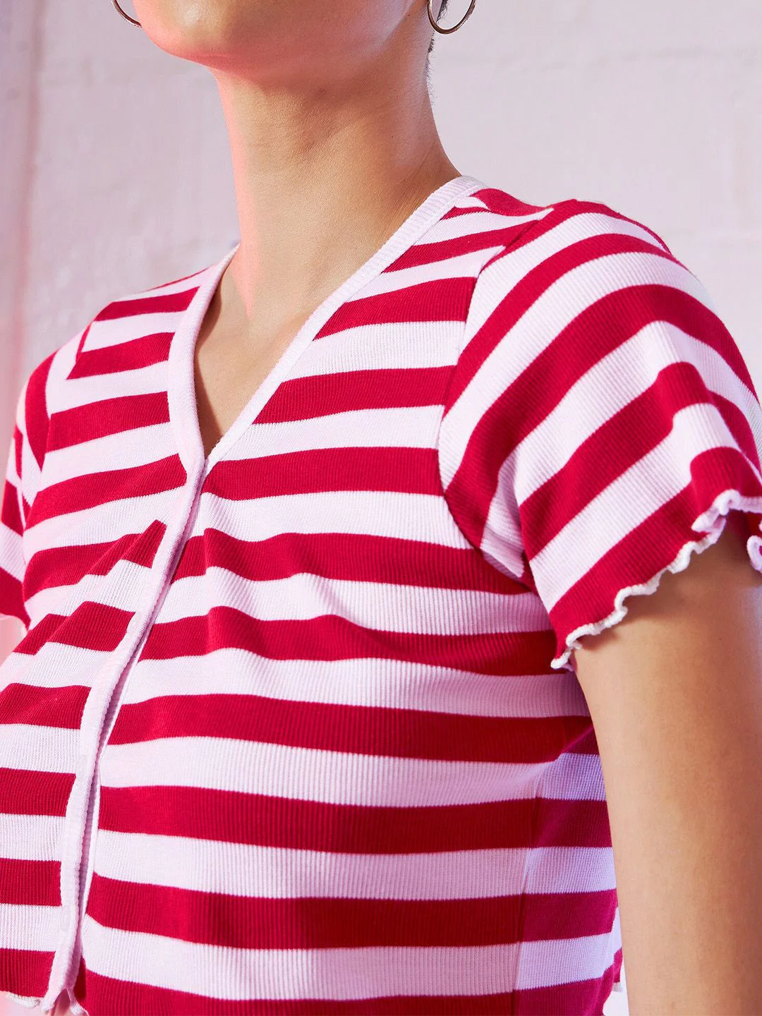 SASSAFRAS Red & White Striped Cotton V-Neck Crop Top - Image 2