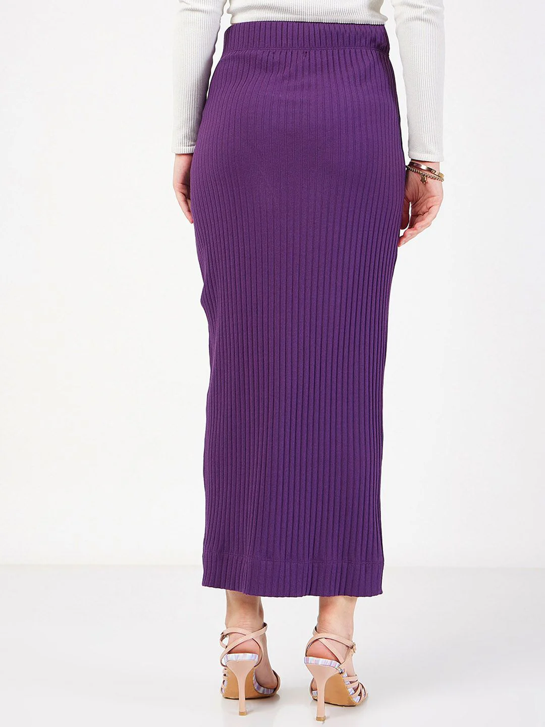 SASSAFRAS Ribbed Front Slit Ruched Pencil Midi Skirt - Image 3