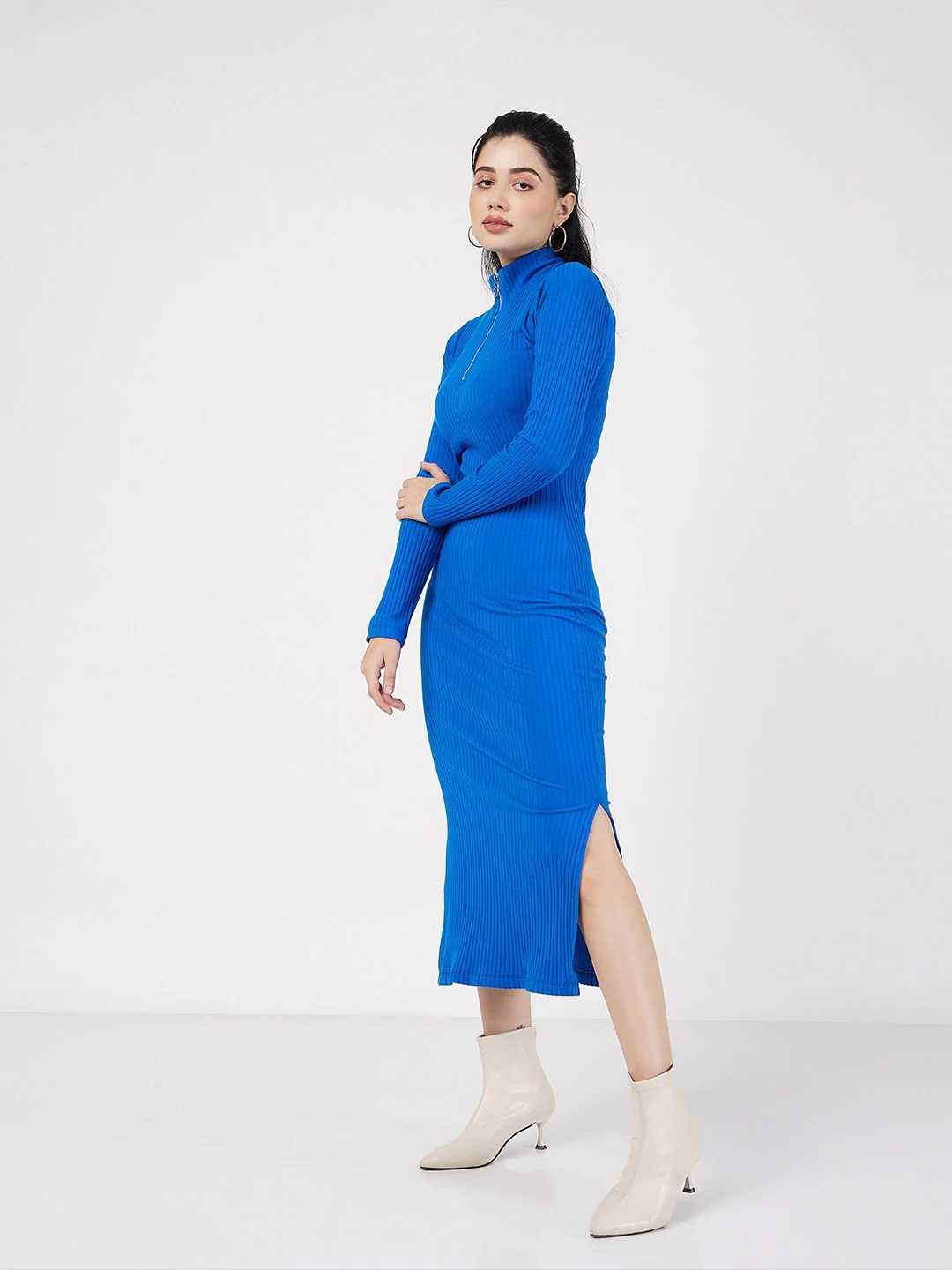 SASSAFRAS Ribbed High Neck Cotton Knitted Sheath Dress - Image 3