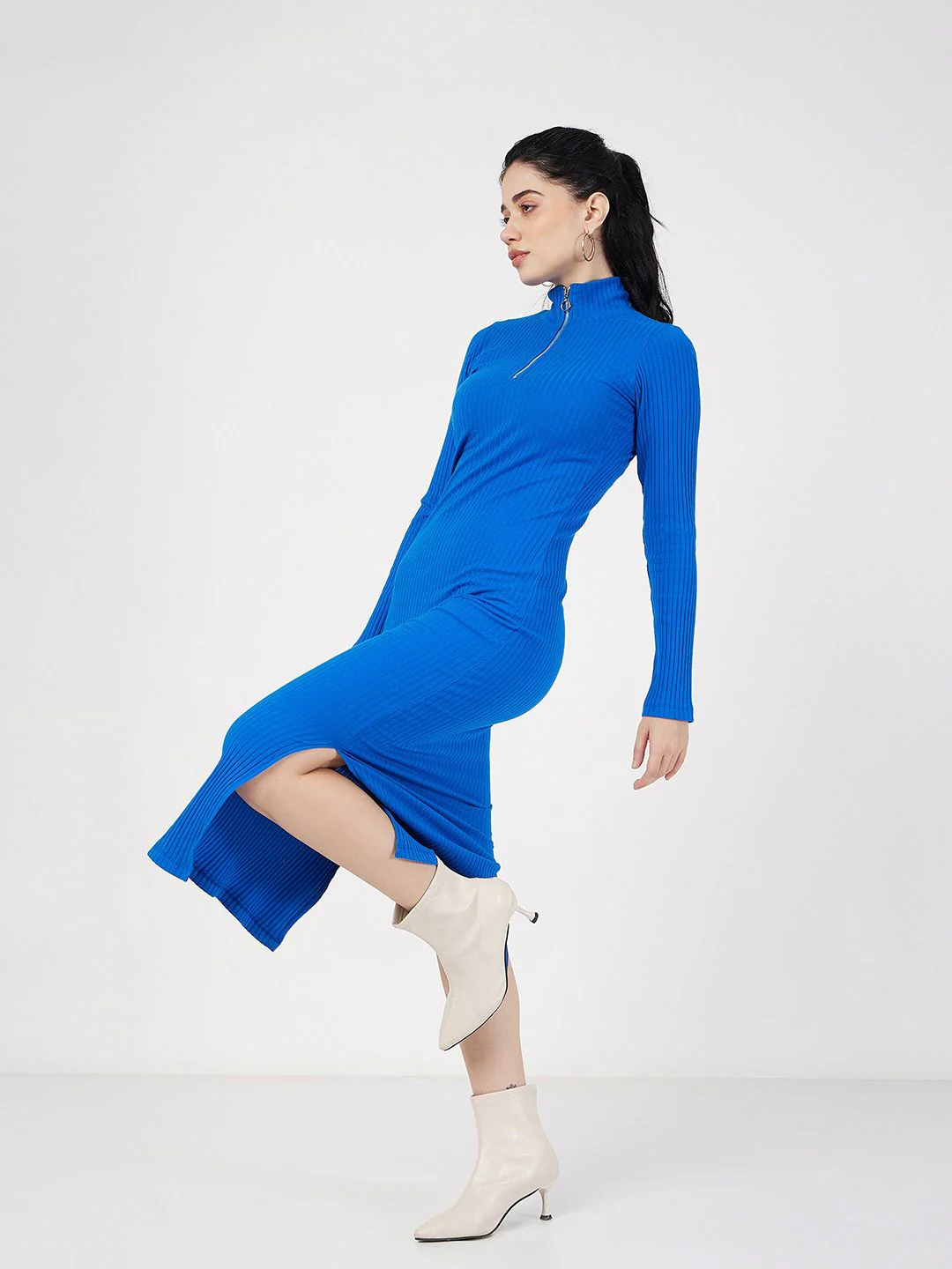 SASSAFRAS Ribbed High Neck Cotton Knitted Sheath Dress - Image 4