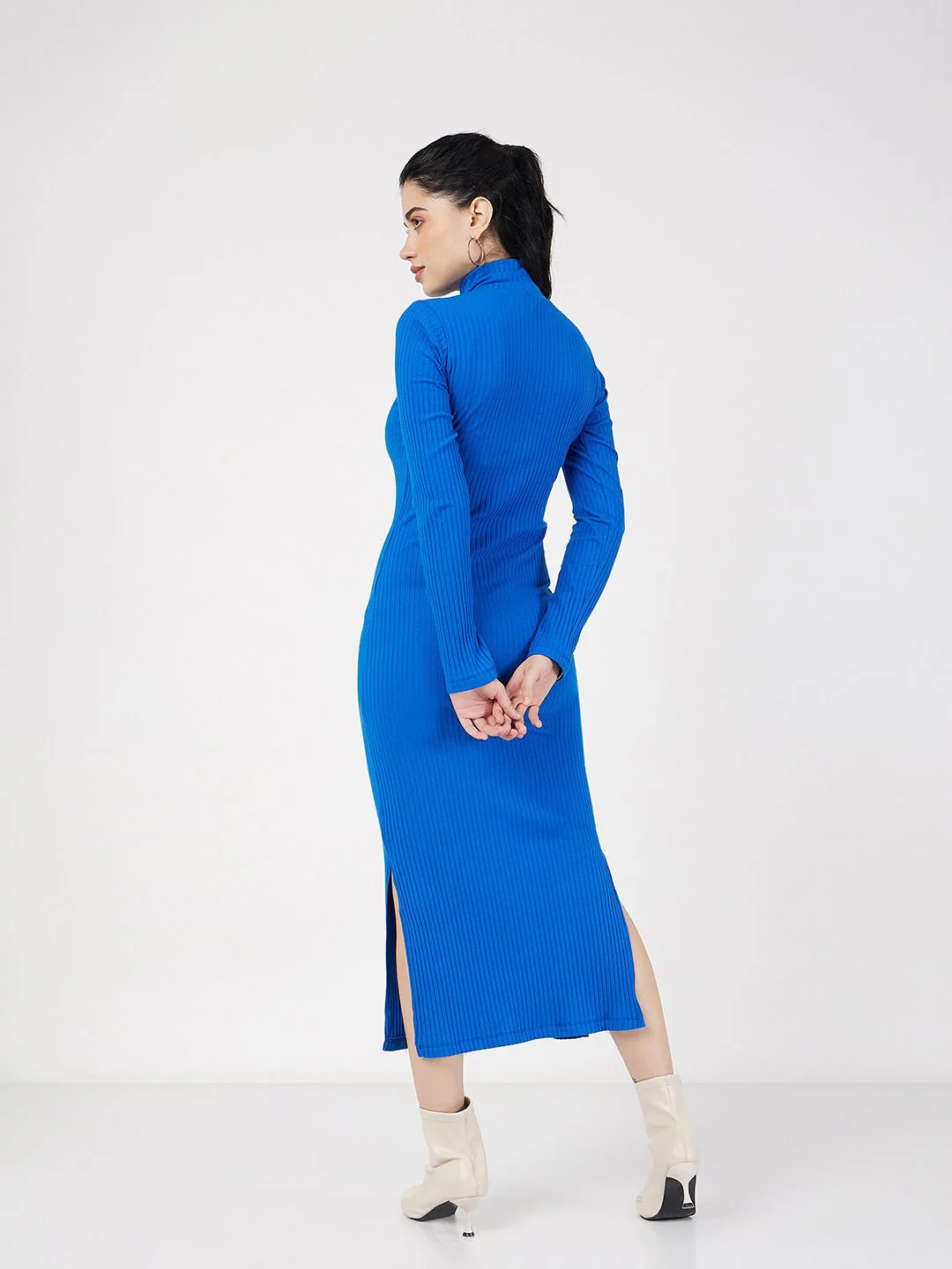 SASSAFRAS Ribbed High Neck Cotton Knitted Sheath Dress - Image 5