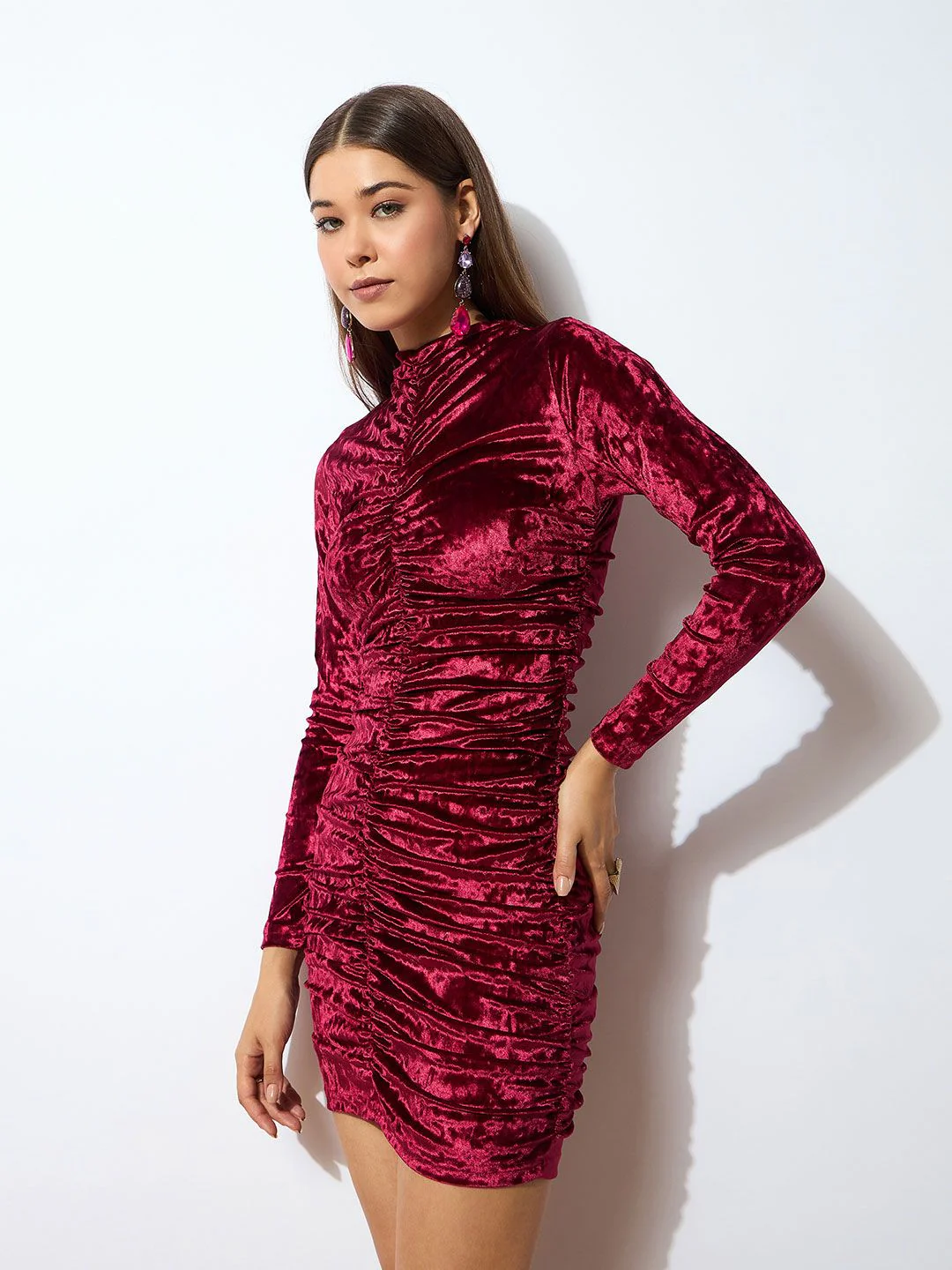 SASSAFRAS Round Neck Ruched Velvet Bodycon Dress - Image 3