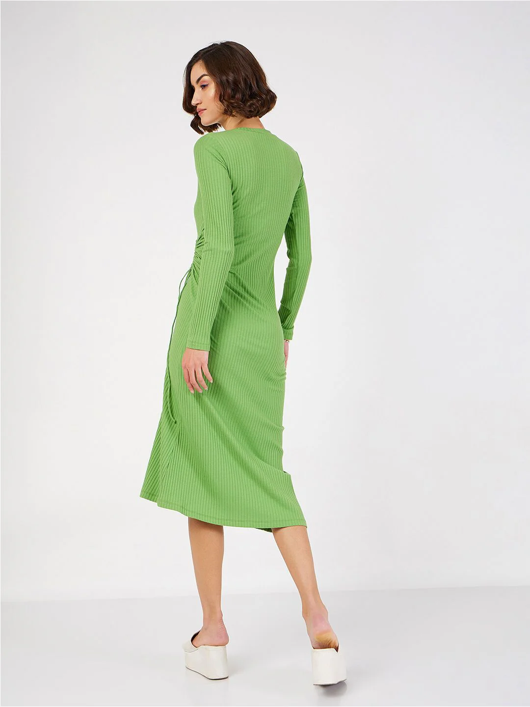 SASSAFRAS Ruched Tie Up Bodycon Midi Dress - Image 5