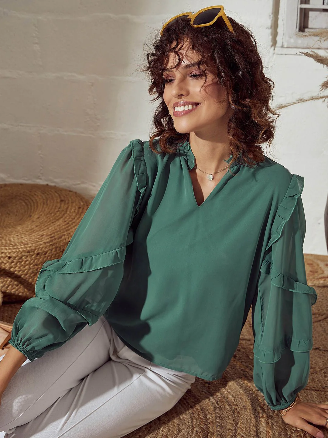 SASSAFRAS Sea Green V-Neck Puff Sleeves Ruffled Top - Image 6