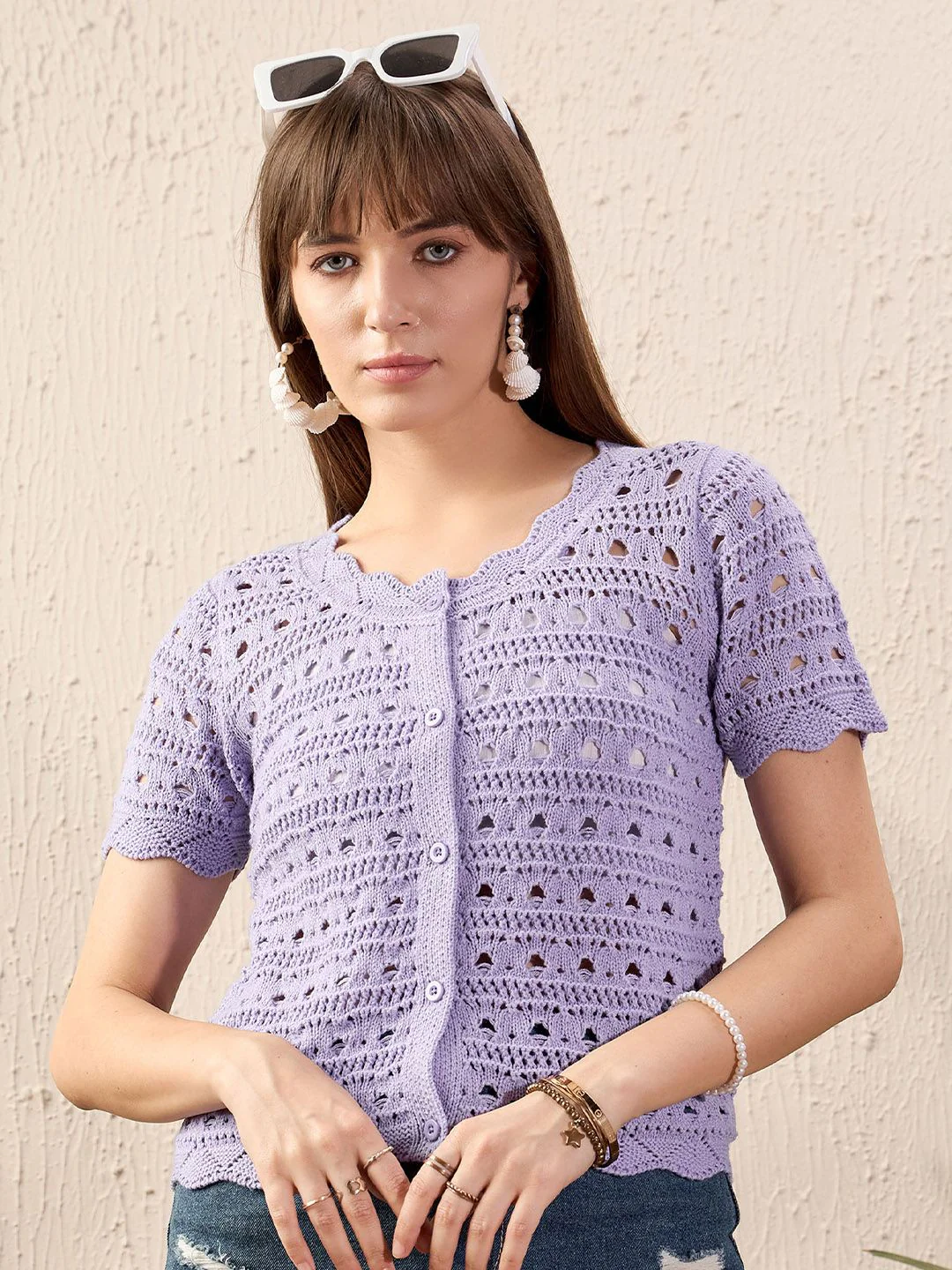 SASSAFRAS Self Design Round Neck Crochet Shirt Style Top