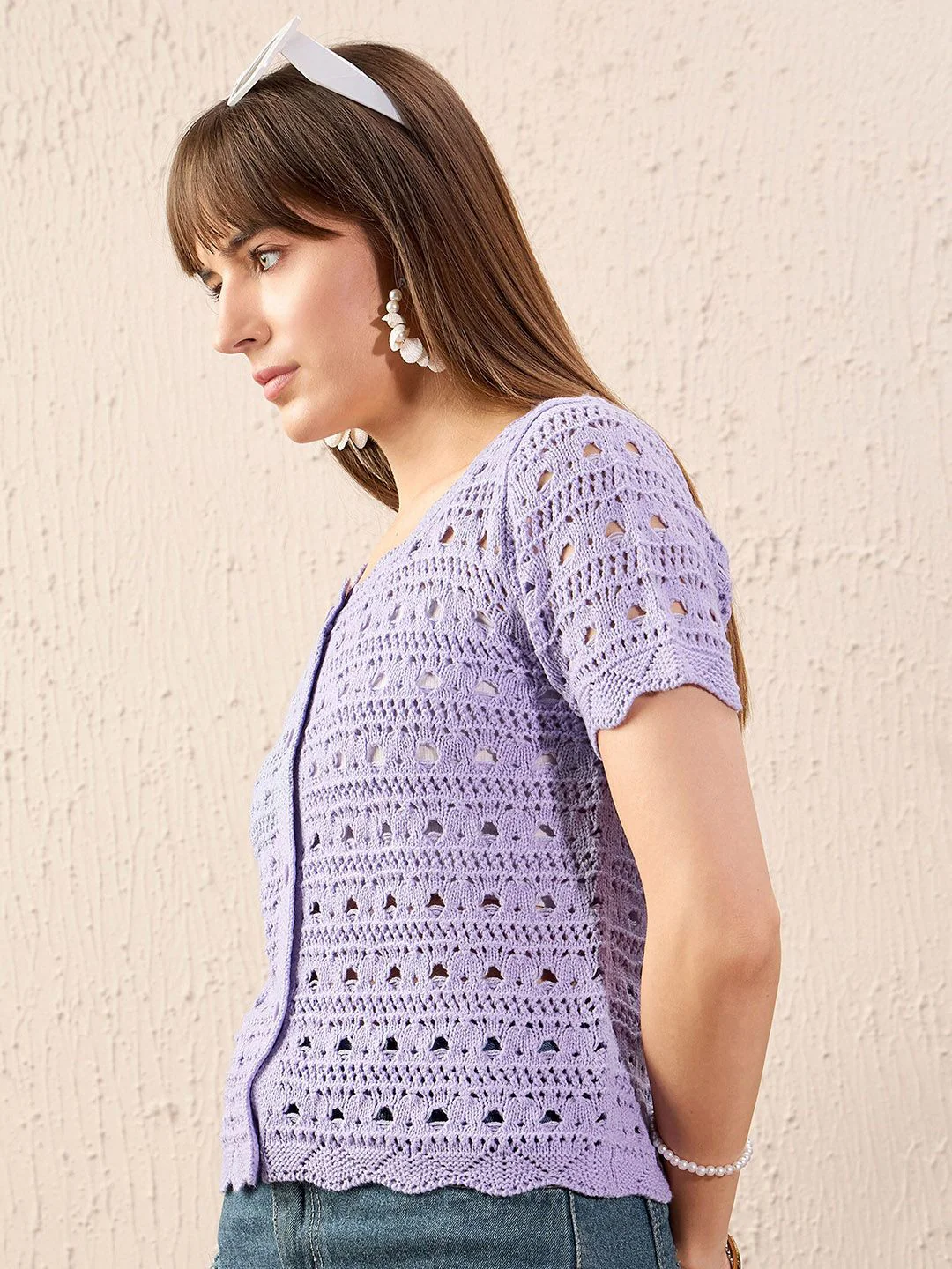 SASSAFRAS Self Design Round Neck Crochet Shirt Style Top - Image 3