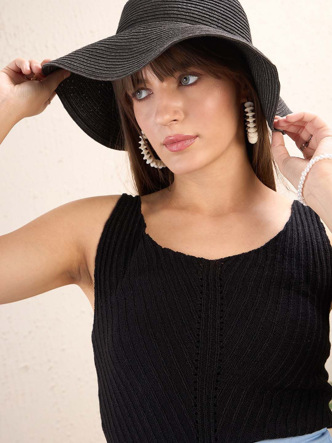 SASSAFRAS Self Design Striped Sleeveless Crochet Top - Image 5