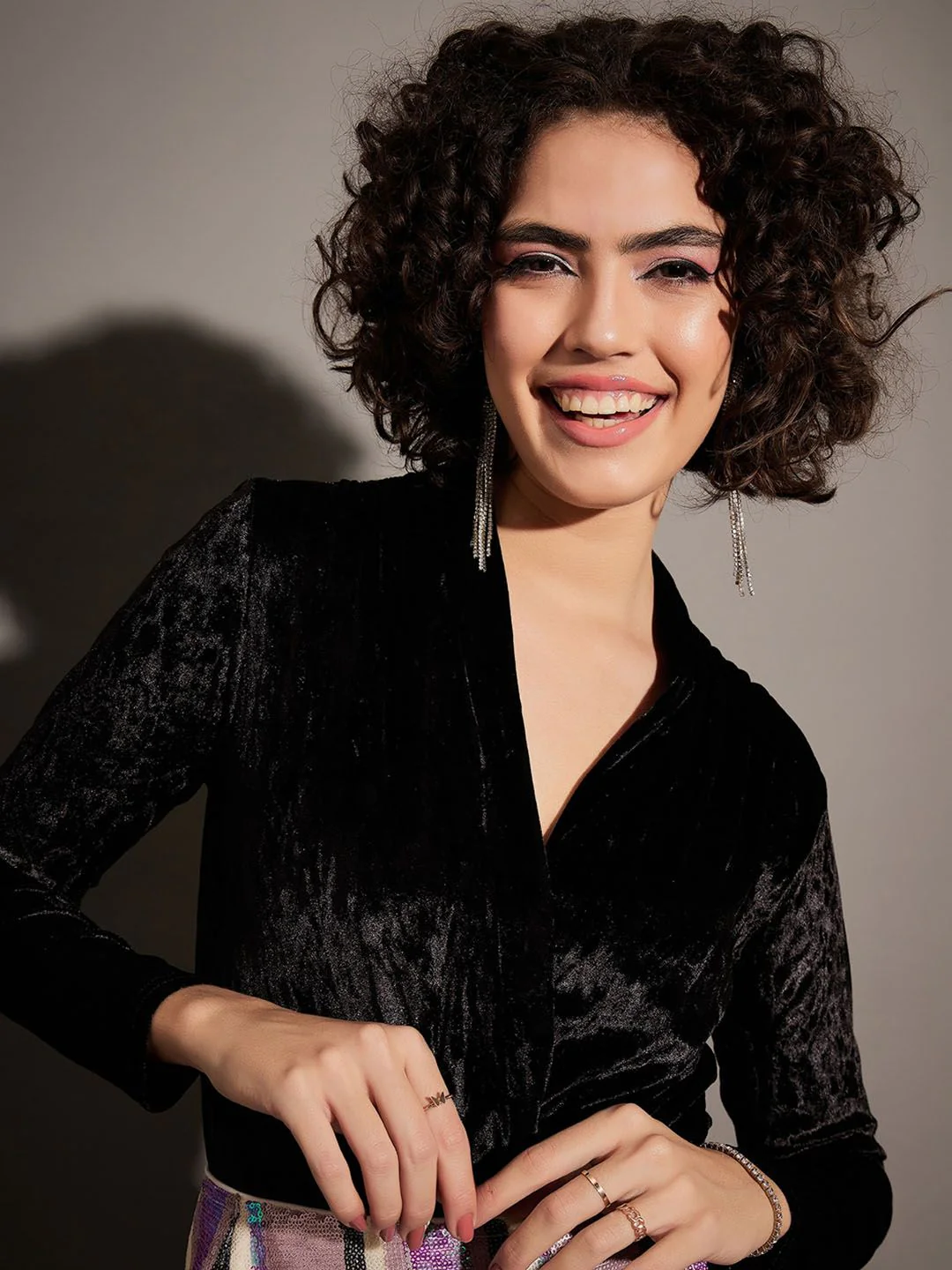 SASSAFRAS Self Design Velvet V-Neck Wrap Bodysuit - Image 2