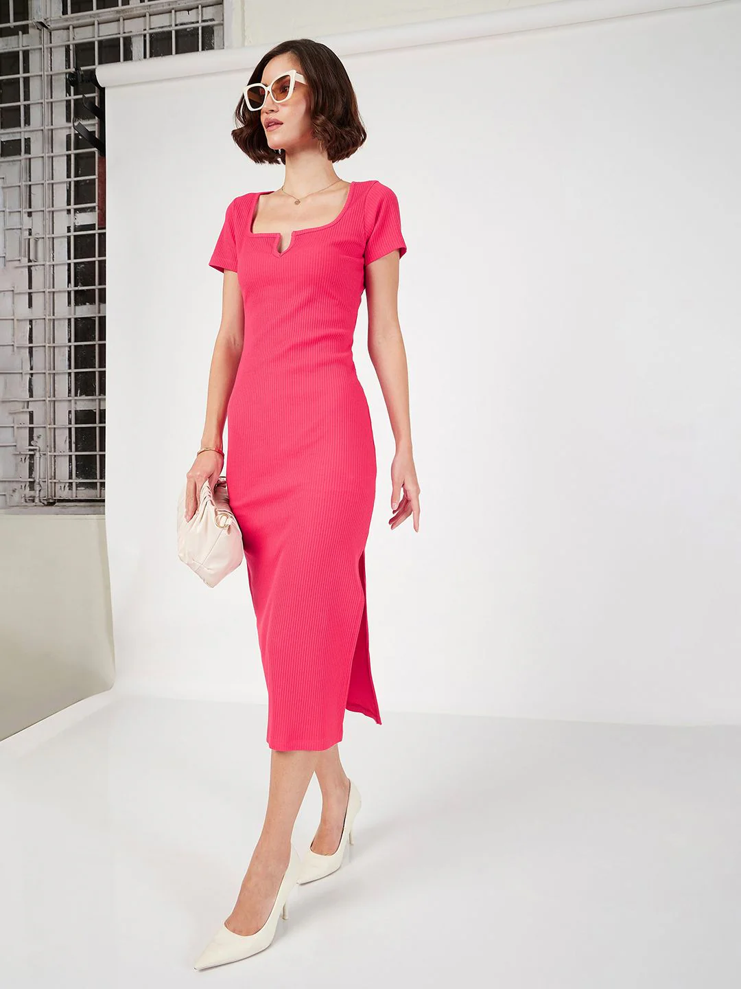 SASSAFRAS Square Neck Knitted Sheath Midi Dress - Image 4