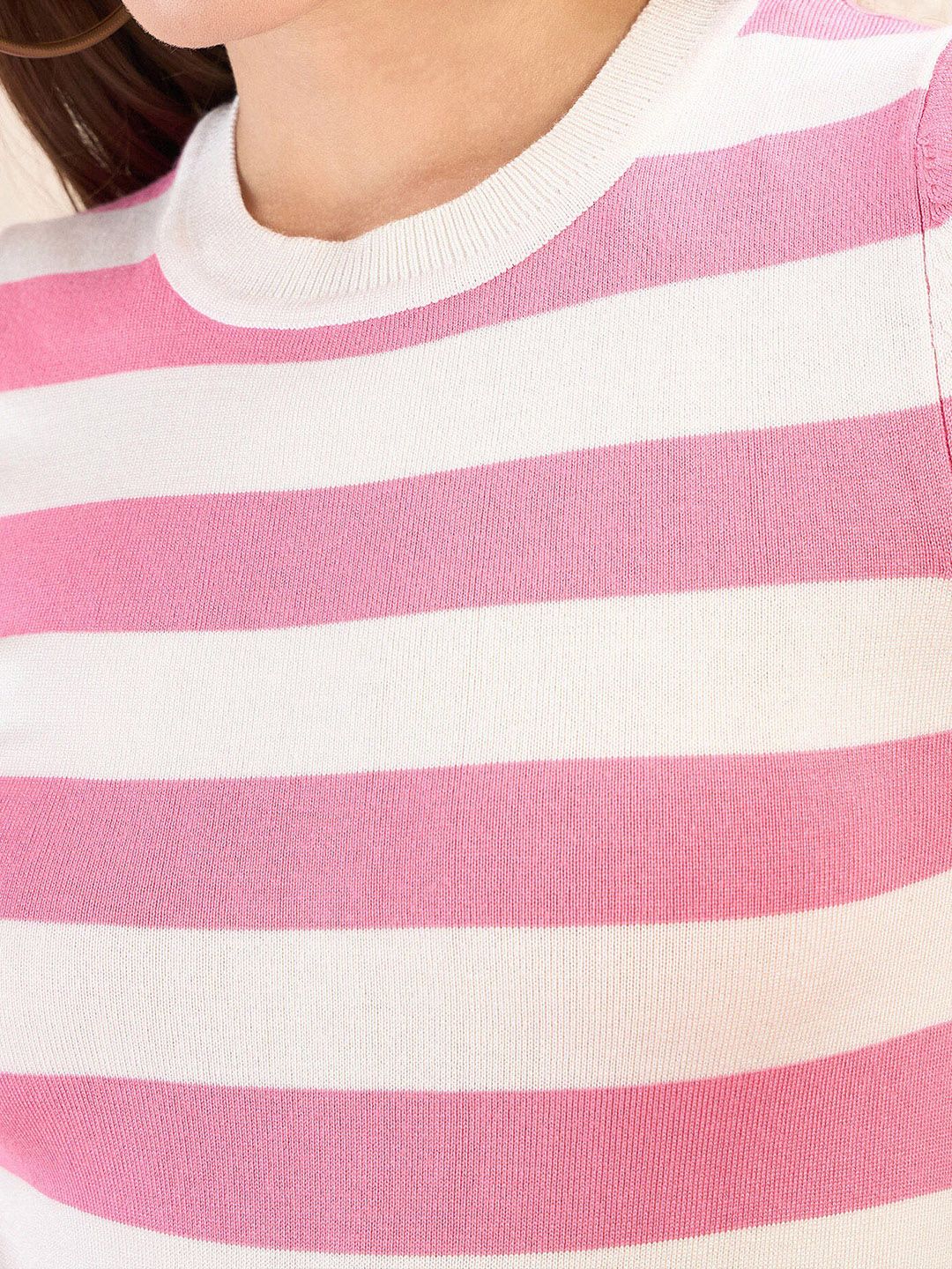 SASSAFRAS Striped Round Neck Crochet Top - Image 2