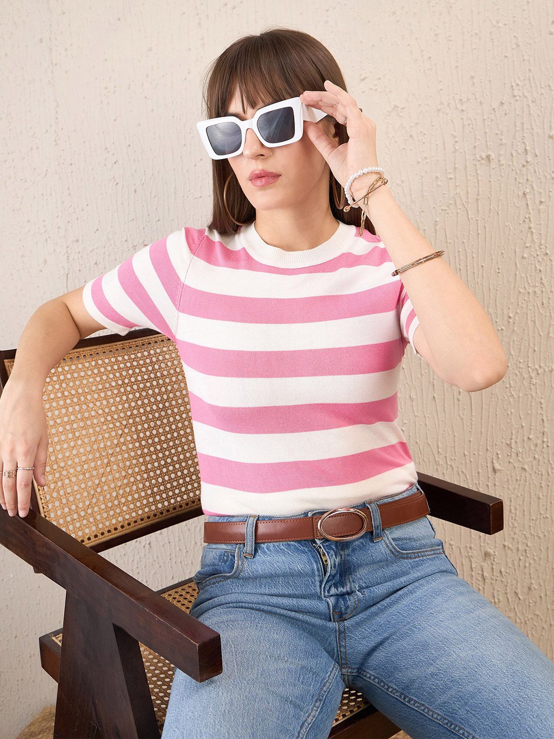 SASSAFRAS Striped Round Neck Crochet Top - Image 6