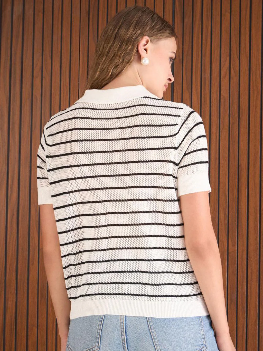 SASSAFRAS Stripess Polo Collar Crochet T-Shirt - Image 5