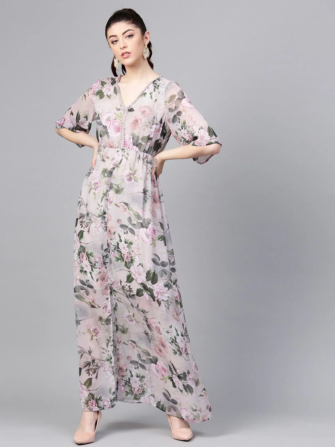SASSAFRAS Taupe & Green Floral Printed Maxi Dress