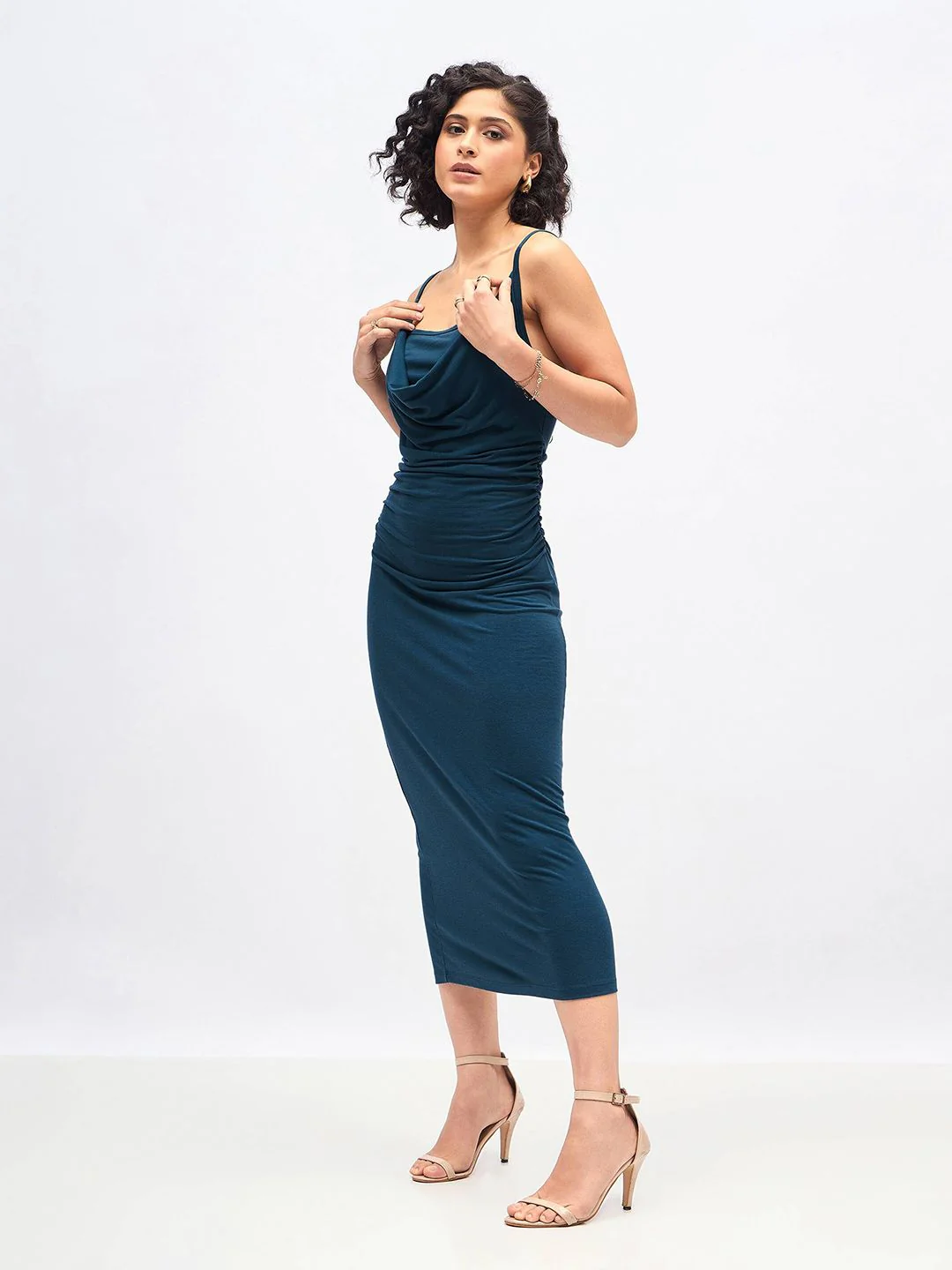 SASSAFRAS Teal Blue Cowl Neck Bodycon Midi Dress - Image 3