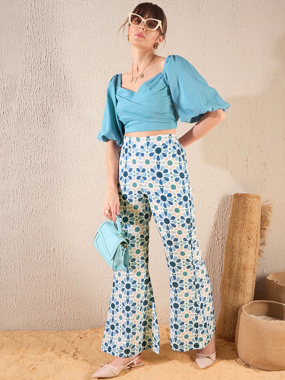 SASSAFRAS Teal Blue Puff Sleeves V-Neck Crop Top & Trouser - Image 4