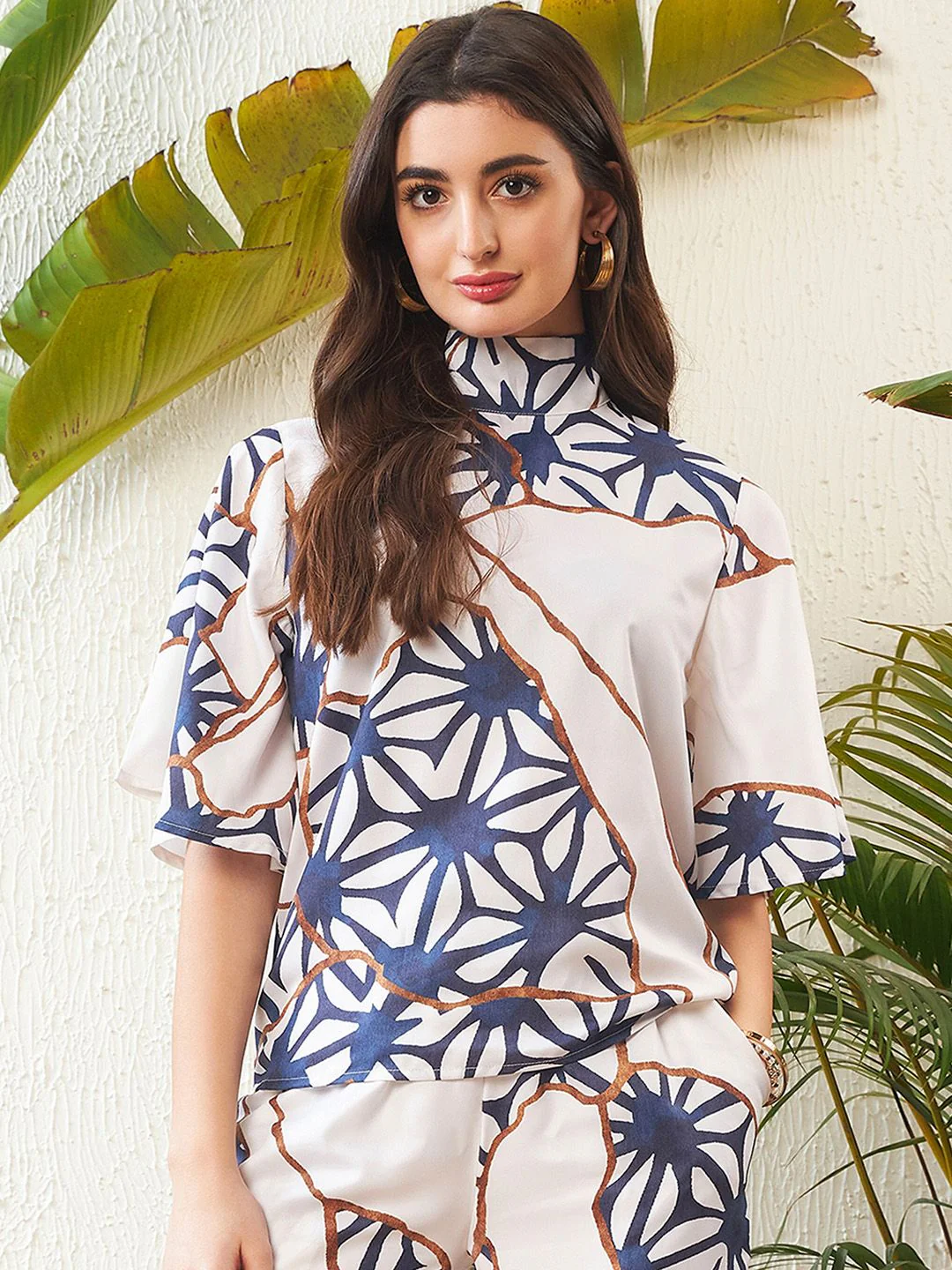 SASSAFRAS White Abstract Printed High Neck Top With Palazzos - Image 3