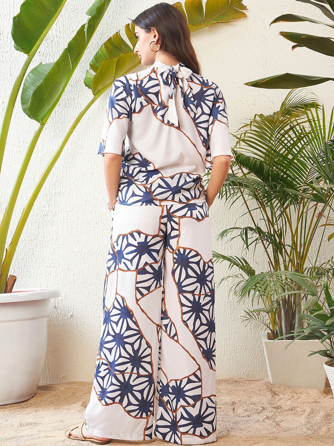 SASSAFRAS White Abstract Printed High Neck Top With Palazzos - Image 4