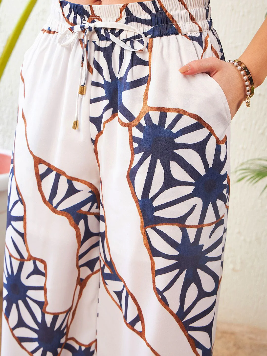 SASSAFRAS White Abstract Printed High Neck Top With Palazzos - Image 5