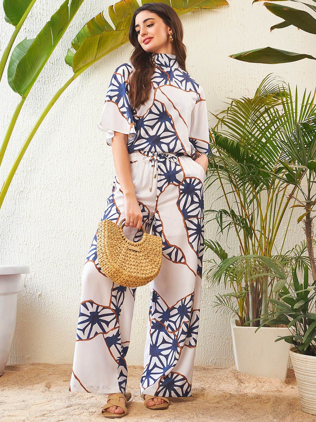 SASSAFRAS White Abstract Printed High Neck Top With Palazzos - Image 6