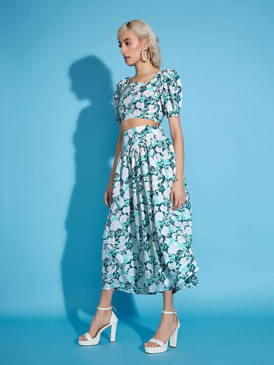 SASSAFRAS White Floral Crop Top With Flared Skirt - Image 5