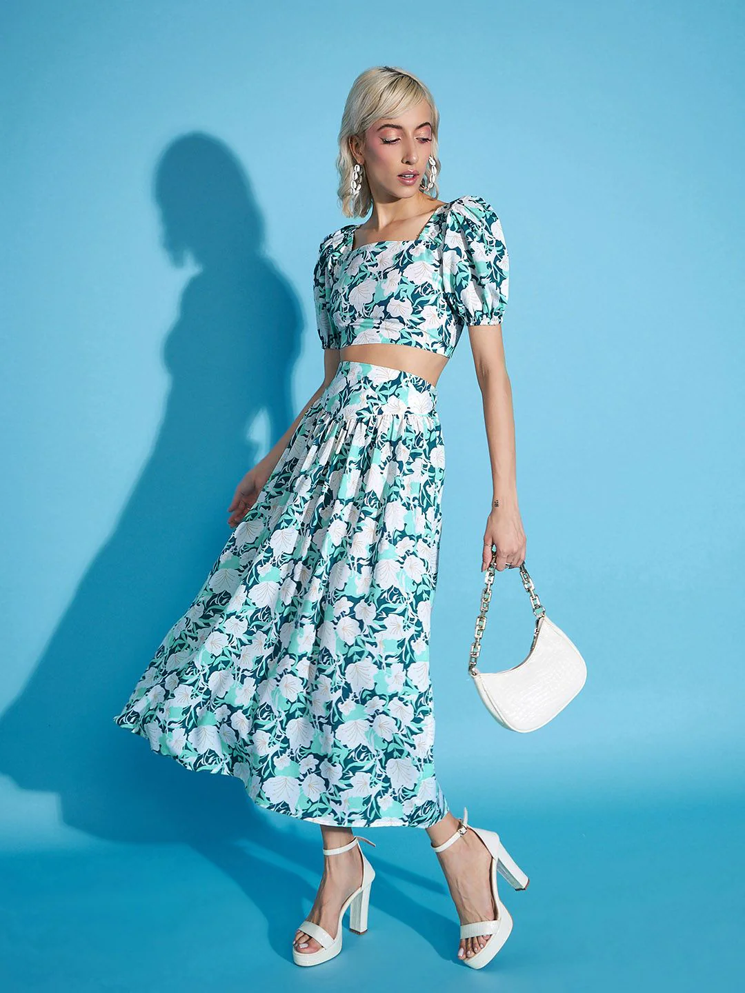 SASSAFRAS White Floral Crop Top With Flared Skirt - Image 6