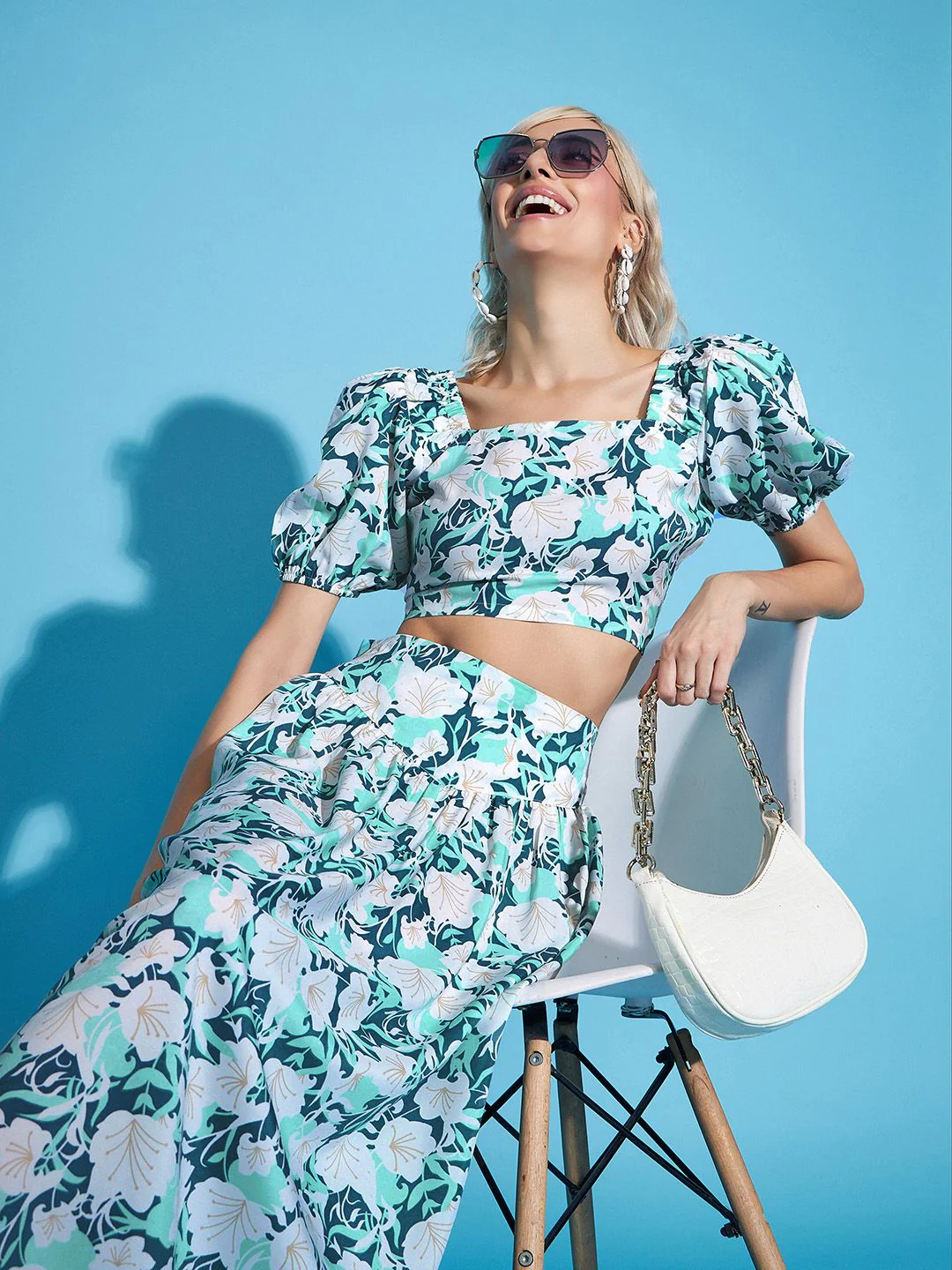 SASSAFRAS White Floral Crop Top With Flared Skirt - Image 7