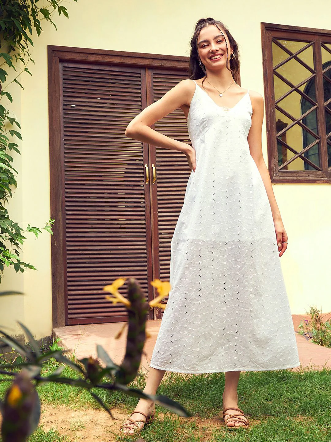 SASSAFRAS White Self Design Schiffli Pure Cotton A-Line Midi Dress