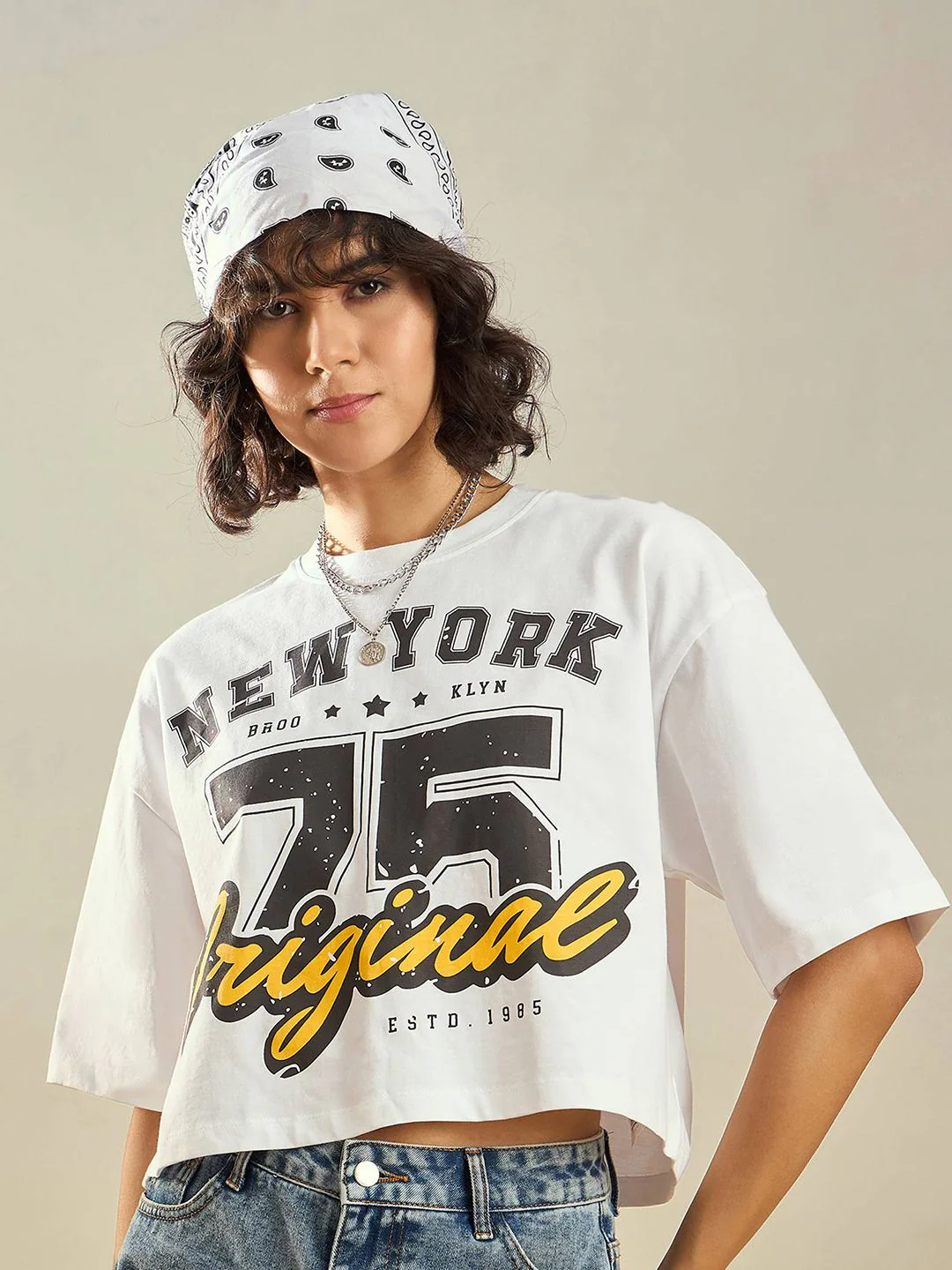 SASSAFRAS White Typography Printed Round Neck Pure Cotton Oversized Crop T-shirt - Image 2