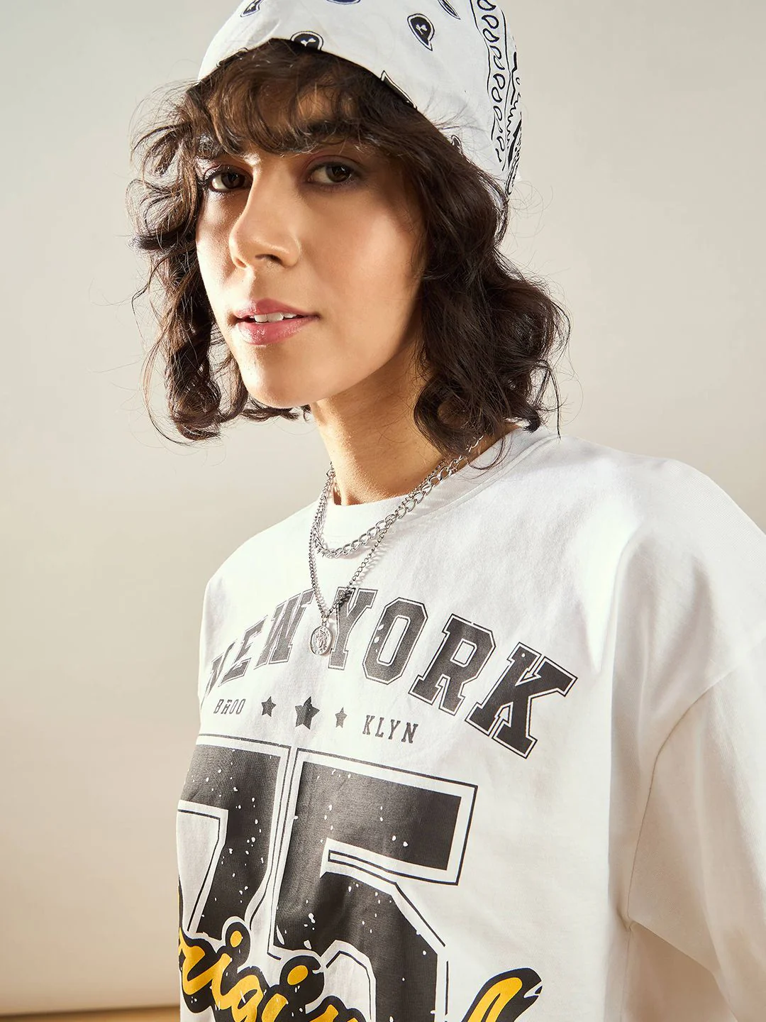 SASSAFRAS White Typography Printed Round Neck Pure Cotton Oversized Crop T-shirt - Image 3