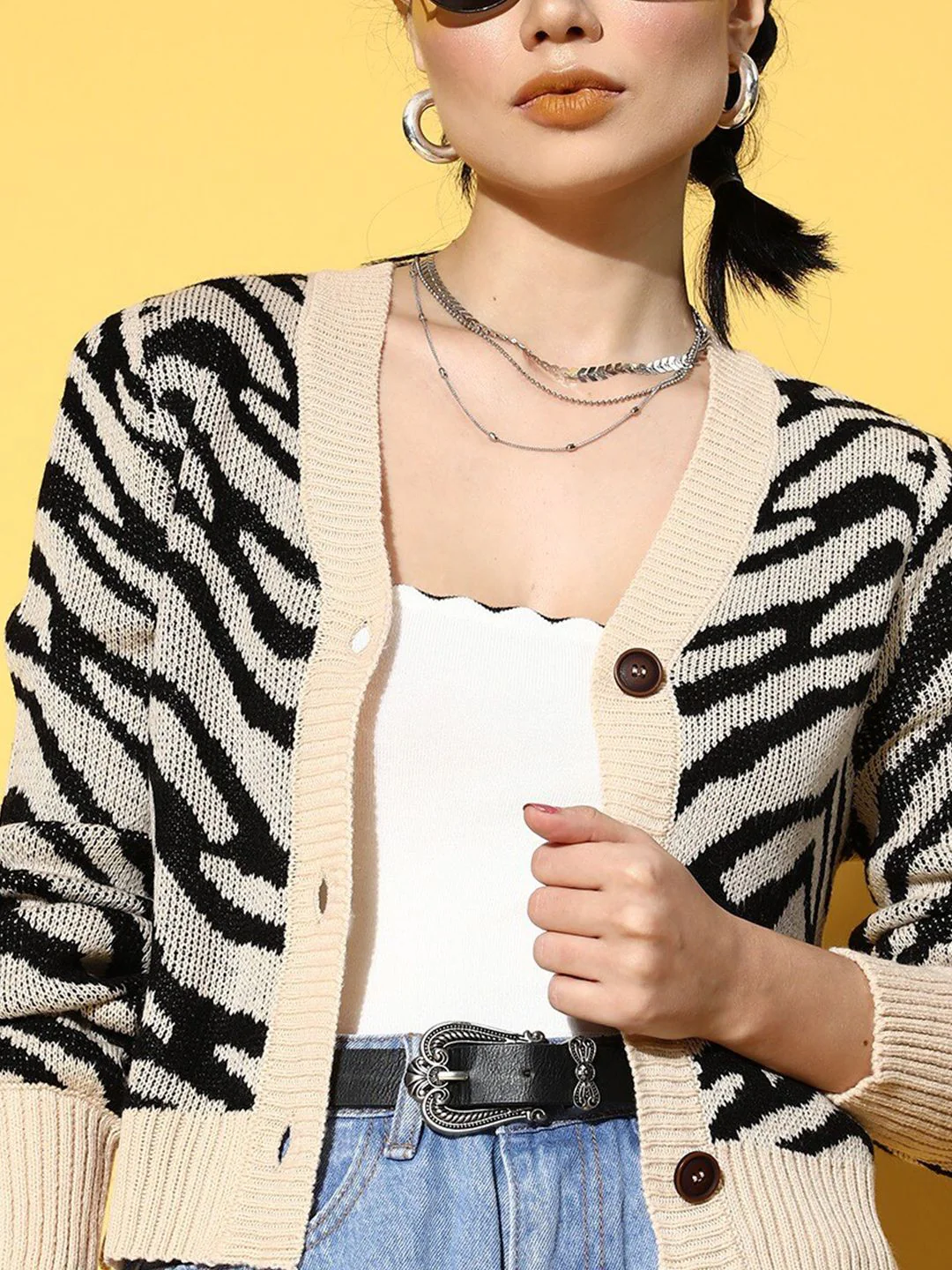 SASSAFRAS Women Beige & Black Animal Printed Crop Cardigan - Image 2
