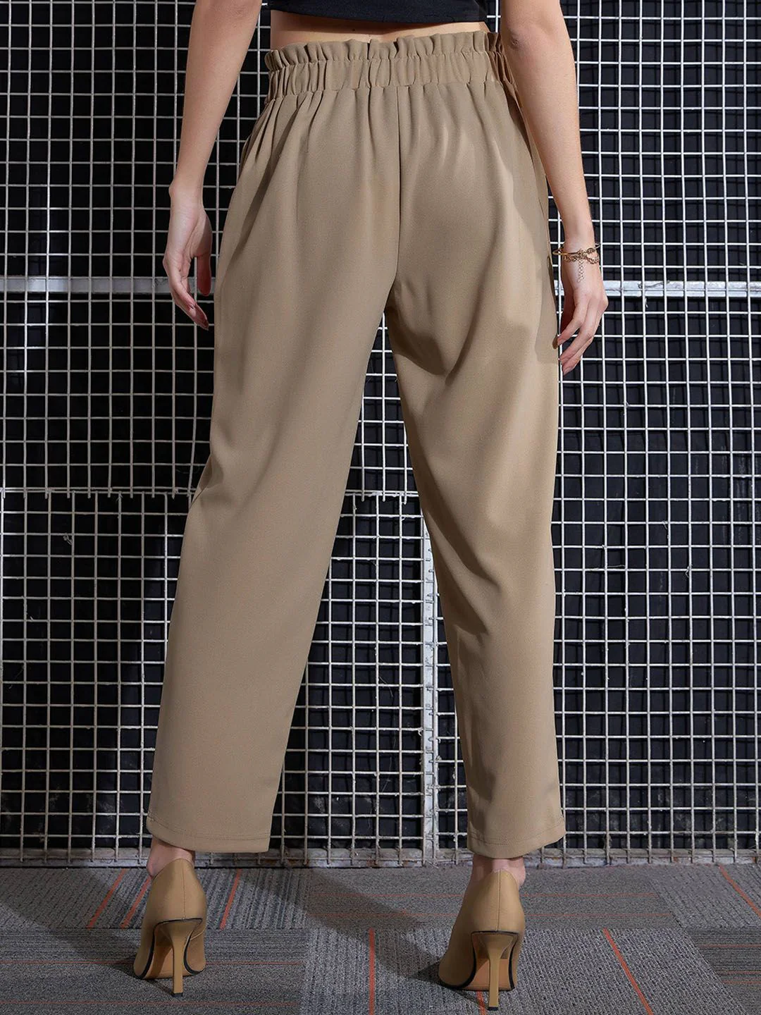 SASSAFRAS Women Beige High-Rise Trousers - Image 3