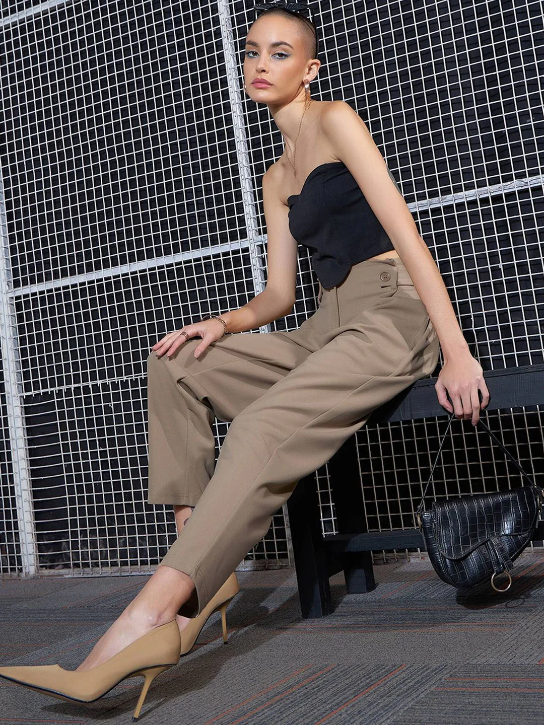 SASSAFRAS Women Beige High-Rise Trousers - Image 4