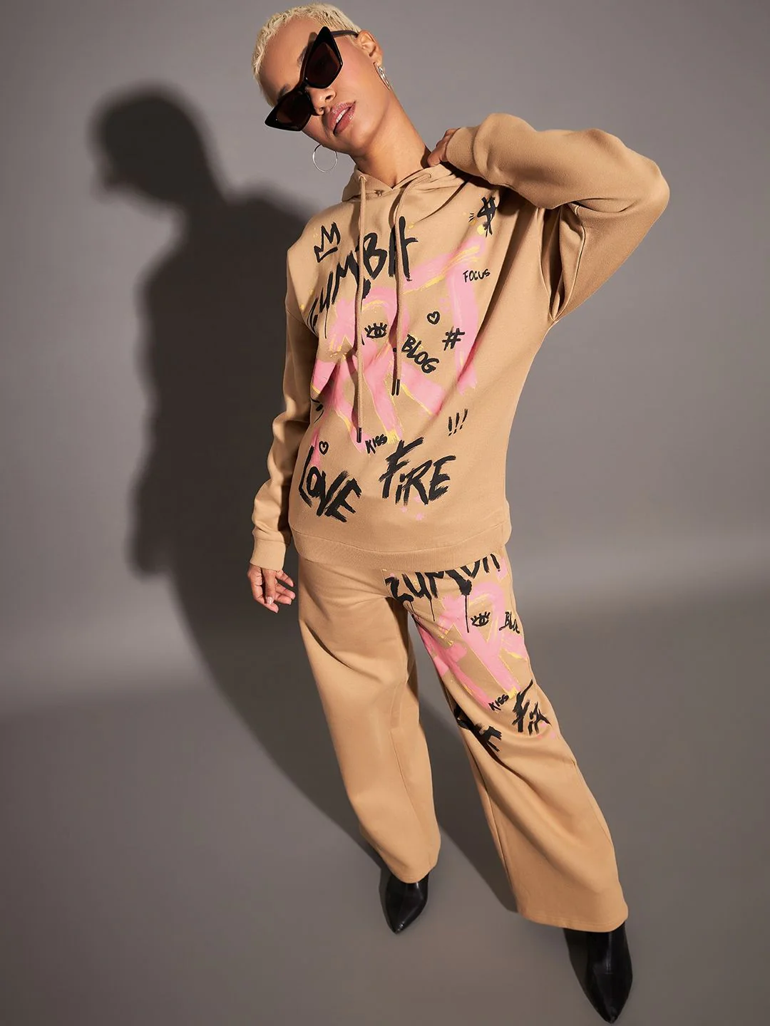 SASSAFRAS Women Beige Relaxed Fit Mid-Rise Typography Printed Fleece Track Pants - Image 5