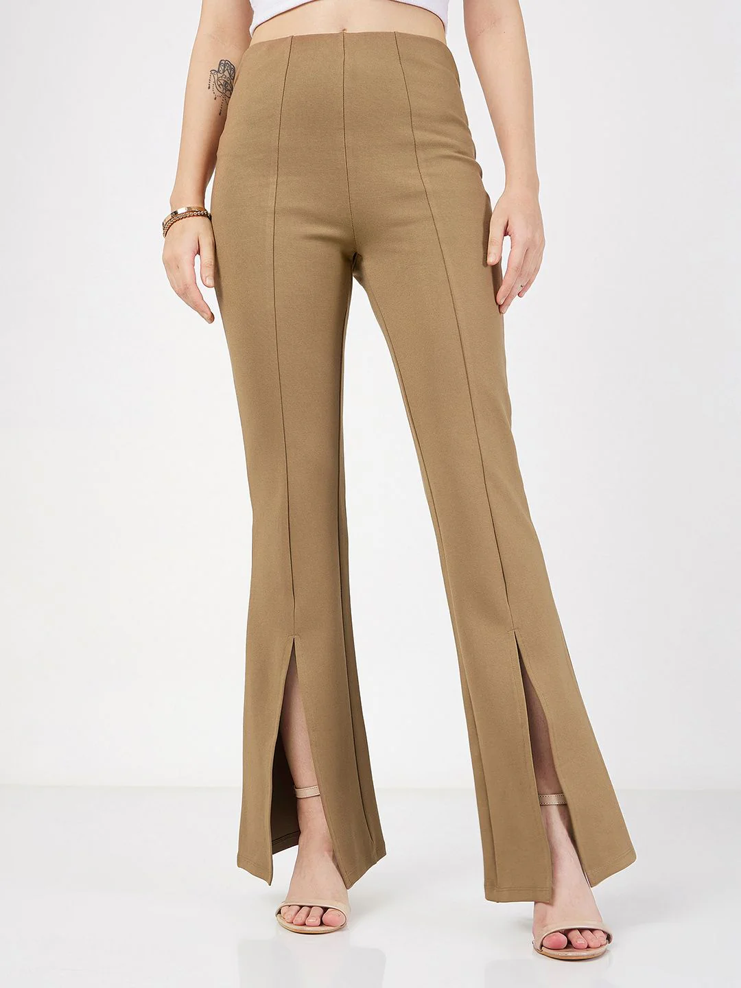 SASSAFRAS Women Beige Slim Fit Bootcut Trousers - Image 2