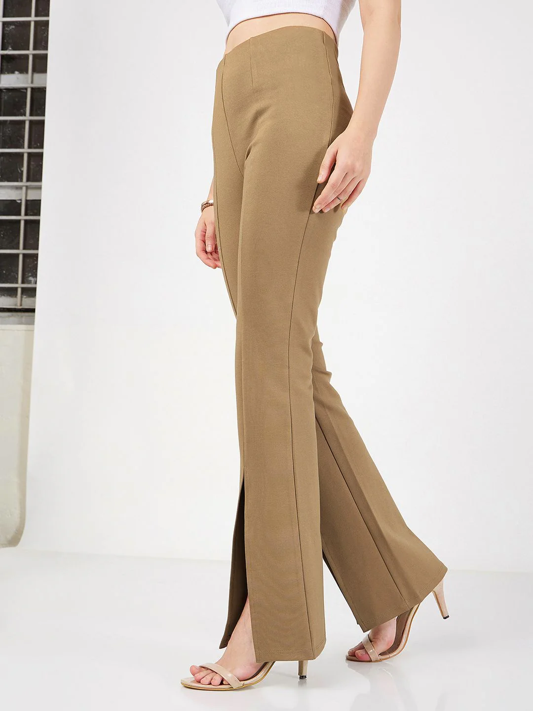 SASSAFRAS Women Beige Slim Fit Bootcut Trousers - Image 3