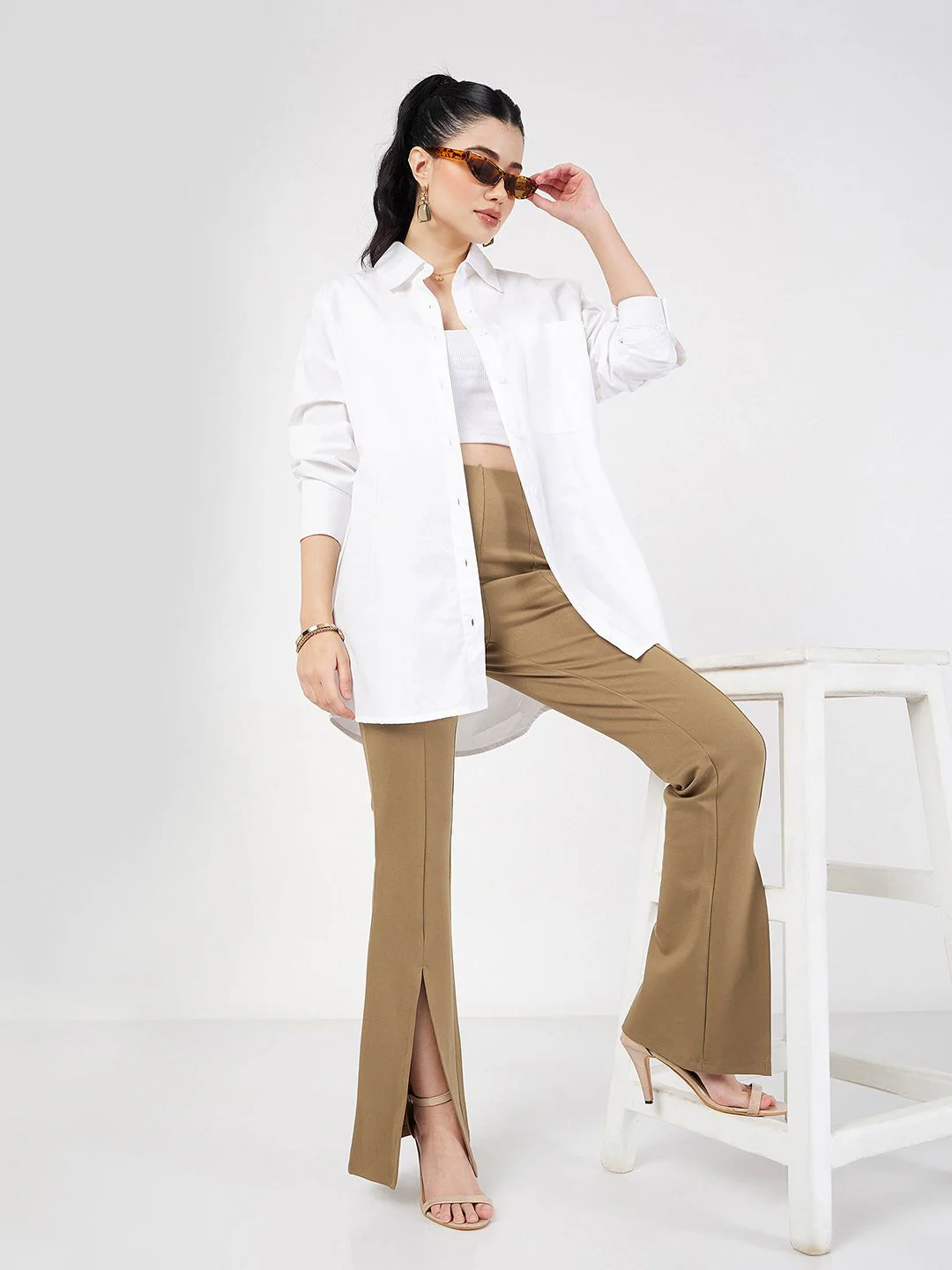 SASSAFRAS Women Beige Slim Fit Bootcut Trousers - Image 6