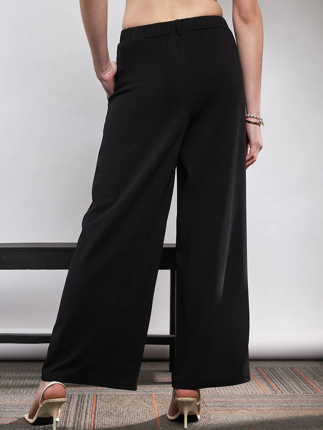 SASSAFRAS Women Black Flared High-Rise Pleated Parallel Trousers - Image 3