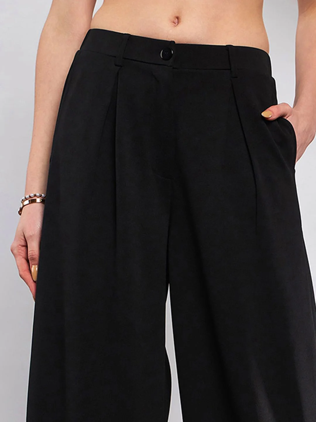 SASSAFRAS Women Black Flared High-Rise Pleated Parallel Trousers - Image 4