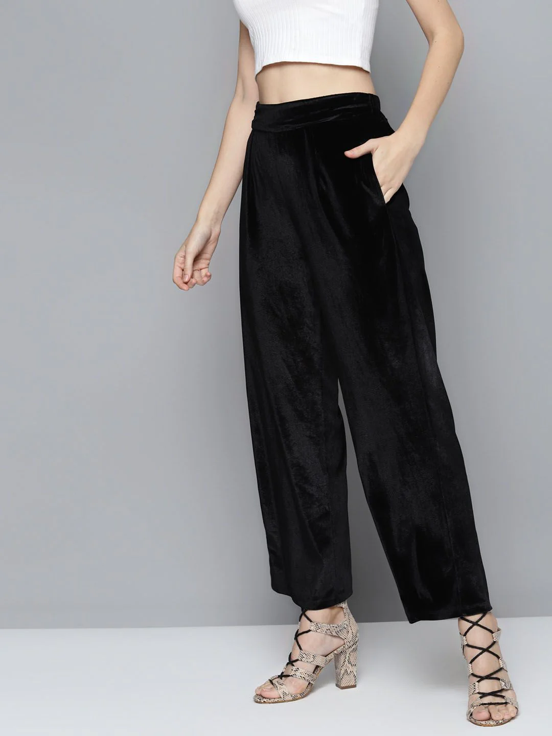 SASSAFRAS Women Black High-Rise Velvet Trousers - Image 3
