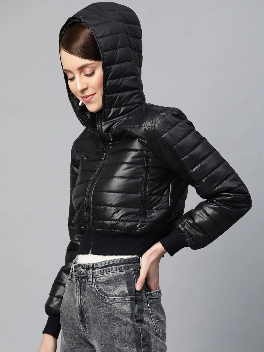 SASSAFRAS Women Black Solid Cropped Puffer Jacket - Image 3