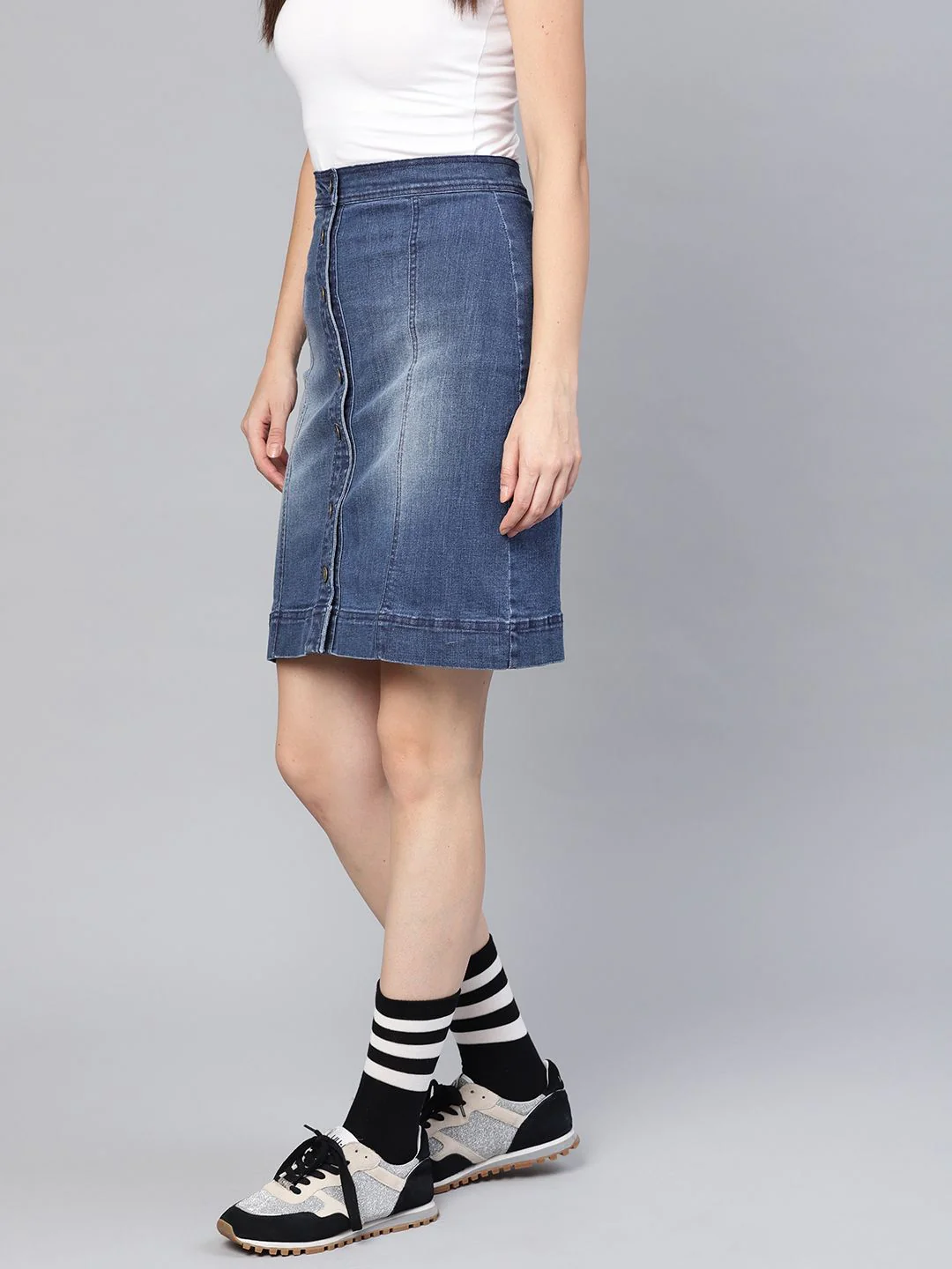 SASSAFRAS Women Blue Washed Denim A-Line Skirt - Image 2