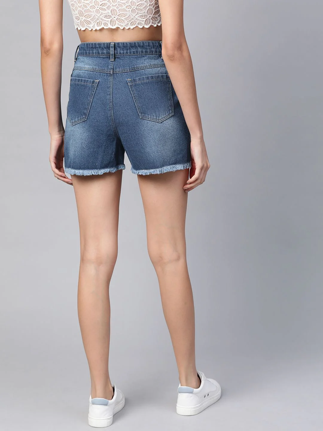 SASSAFRAS Women Blue Washed High-Rise Denim Shorts - Image 3