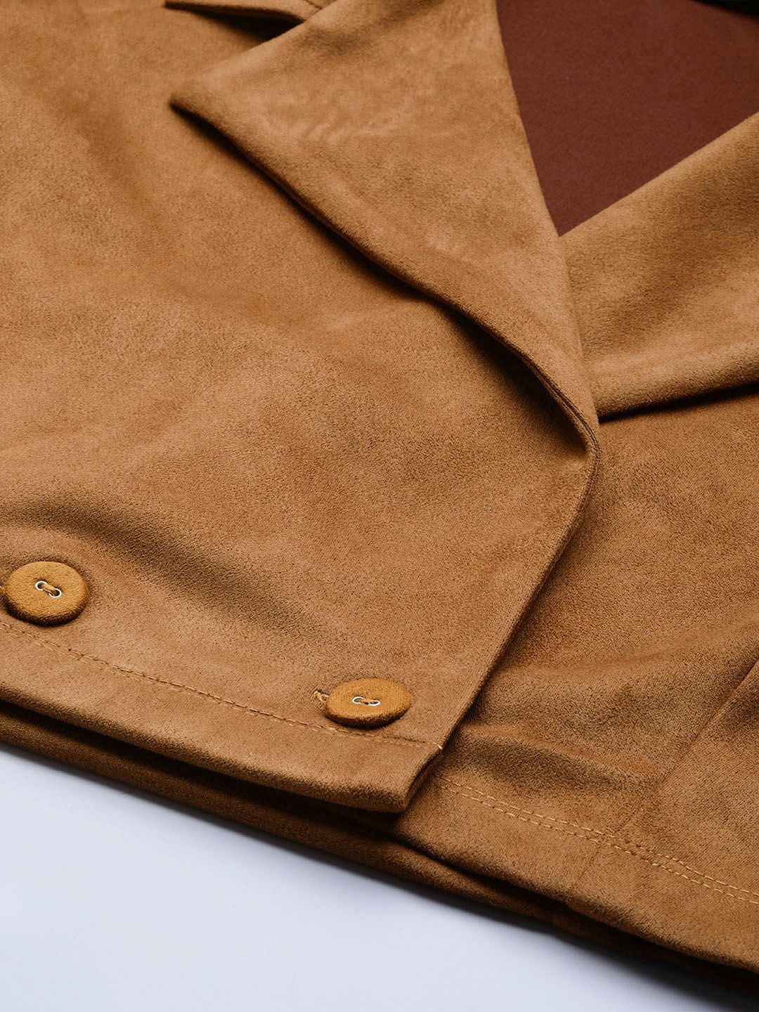 SASSAFRAS Women Brown Comfort Fit Suede Finish Double-Breasted Cropped Blazer - Image 2